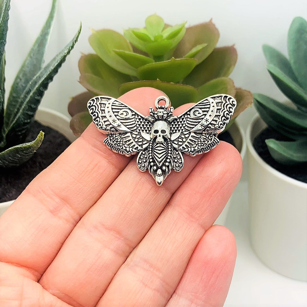 Large Silver Death&#x27;s Head Moth Charms, 43x27mm