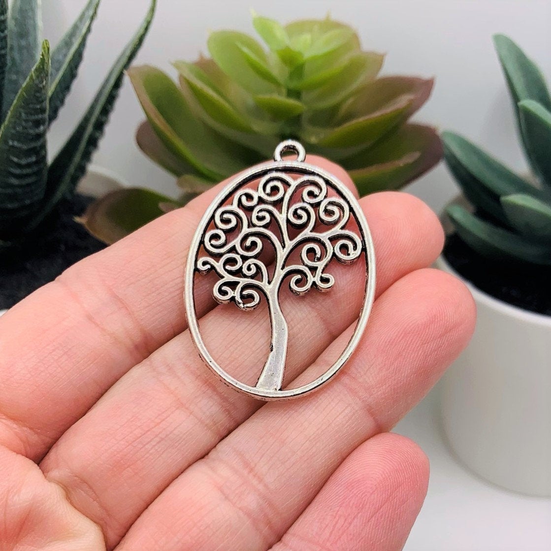 Silver Oval Tree of Life Pendants, 40x27mm