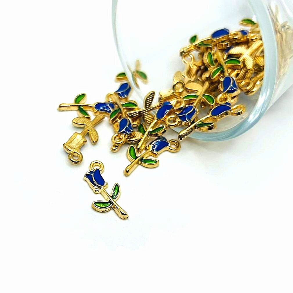 Blue Enamel Rose Charms, 19x9mm