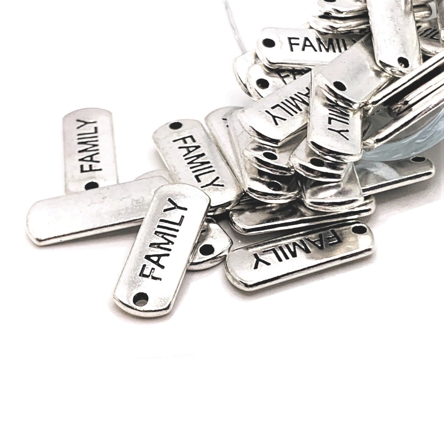 Silver Family Word Bar Tag Charms, 8x21mm