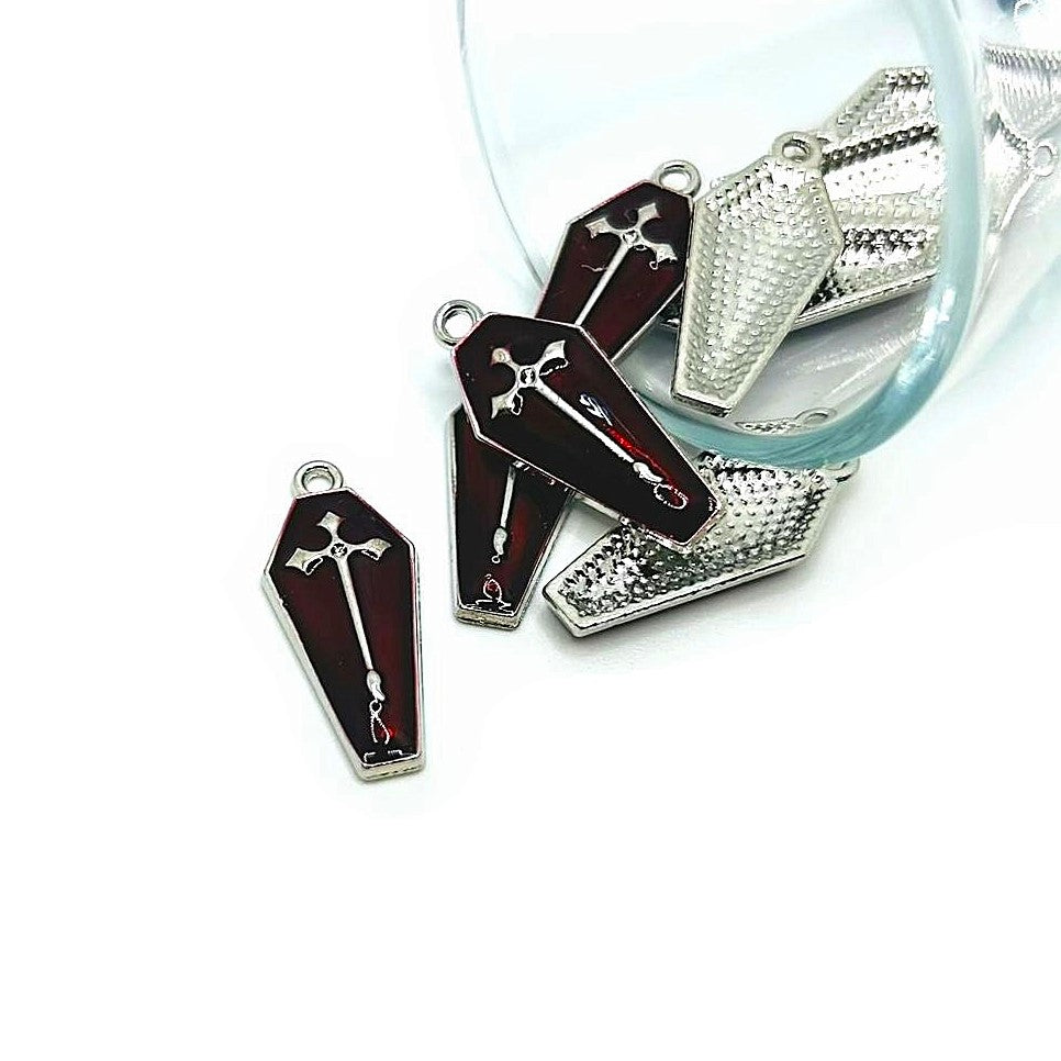 Red and Silver Vampire Coffin Charms, 26x11mm
