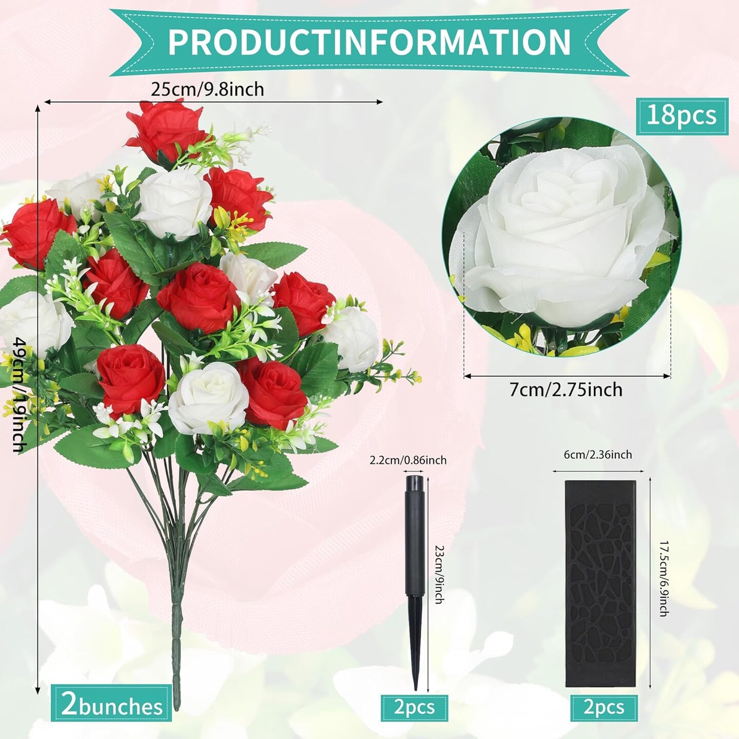 2 Sets Artificial Cemetery Flowers,Artificial Cemetery Flowers with Vase,Memorial Flowers,Artificial Rose Bouquet Graveyard Memorial Flowers for Graveyard Headstones Decoration(Red and White