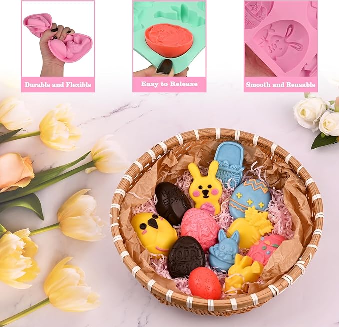 4 Pack Easter Chocolate Molds, Bunny Half Egg Shaped Non-stick Silicone Molds for DIY Chocolate Candy Muffin Handmade Soap Cake Decoration