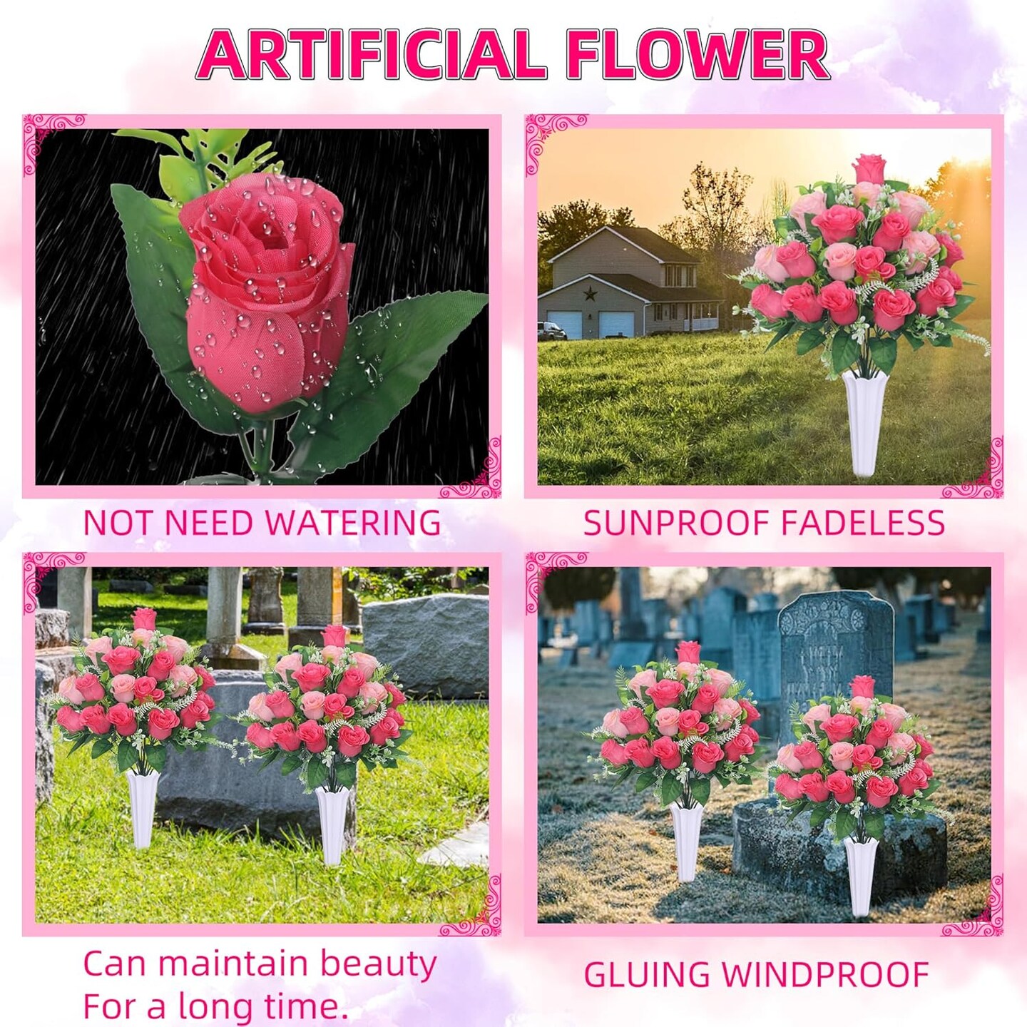 Set of 2 Artificial Cemetery Flowers, Grave Memorial Flowers with Vase, Outdoor Grave Decorations Roses for Cemetery Headstones Decoration (Pink)