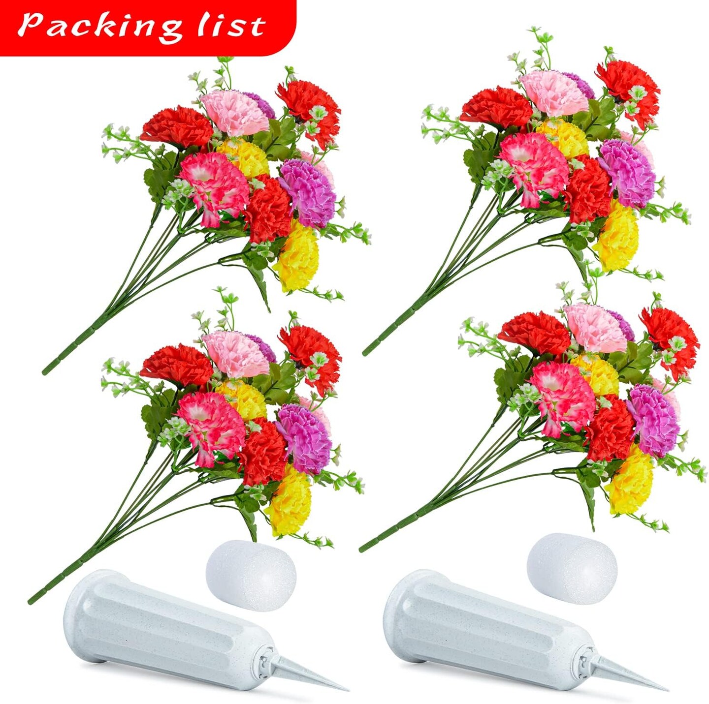 Set of 2 Artificial Carnation Cemetery Bouquets with Vases for Grave & Memorial Decoration