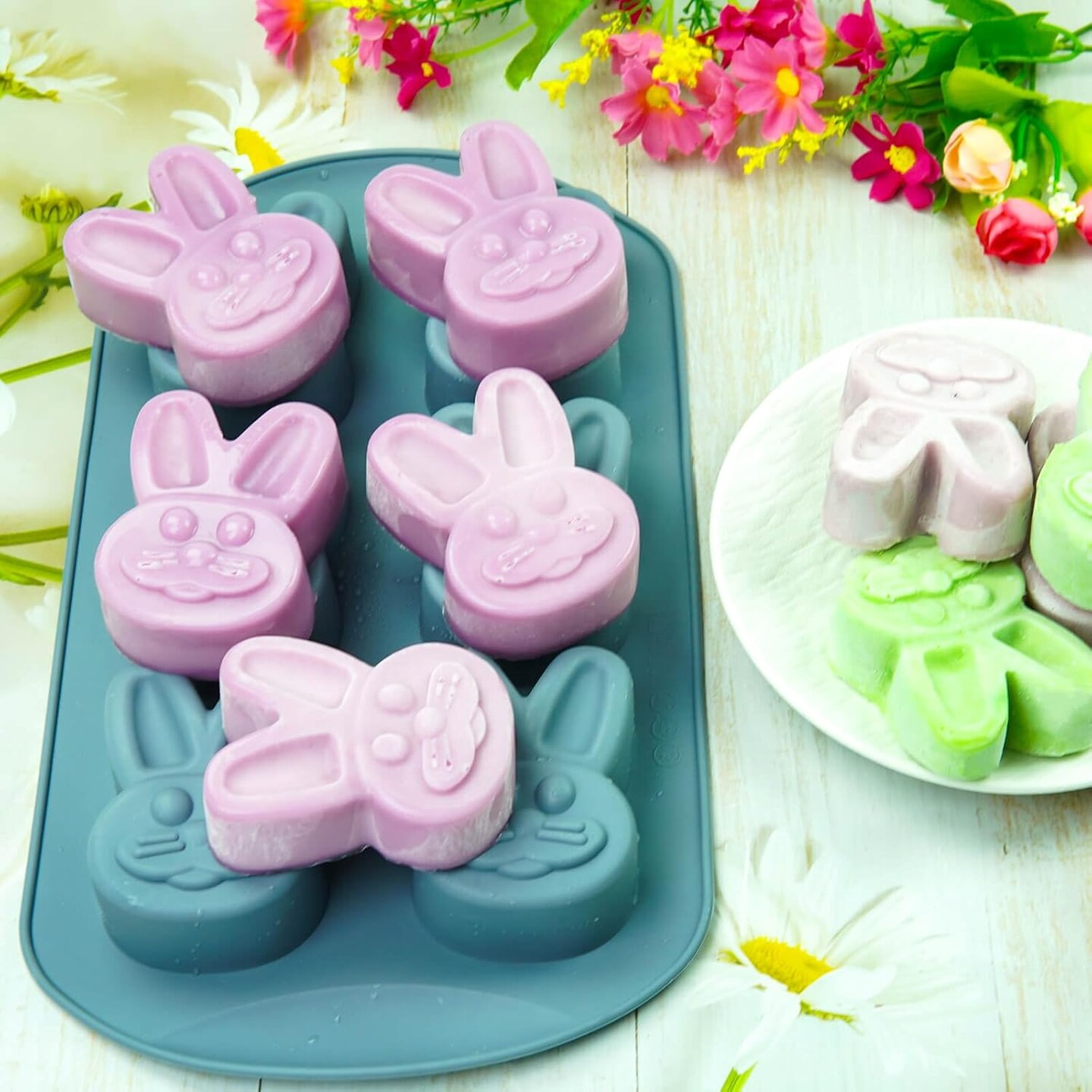 2 Pcs Easter Bunny Silicone Molds for Baking, Large Easter Rabbit Mold Silicone Chocolate Mold for Easter Party Supplies Cake Jelly Ice Cube Pudding Candy Cookie Baking Soap Candles Making (Grey)