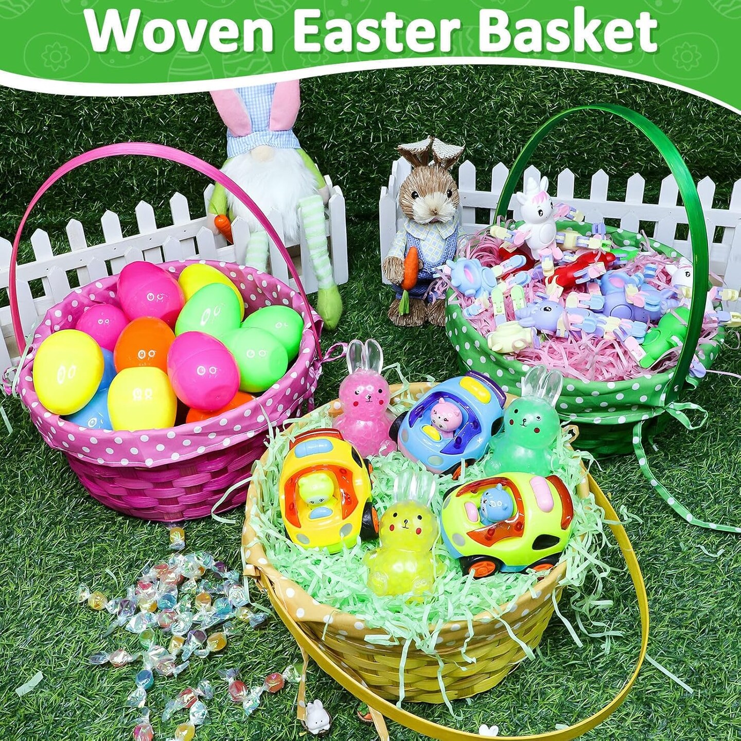 3 Pack 9.7" Bamboo Easter Basket Set with Liner - ​Easter Basket Essential Reusable Egg Hunt Bucket, Splinter-Free Non-Toxic Decor for Spring Classroom Activities Kids Party Supplies