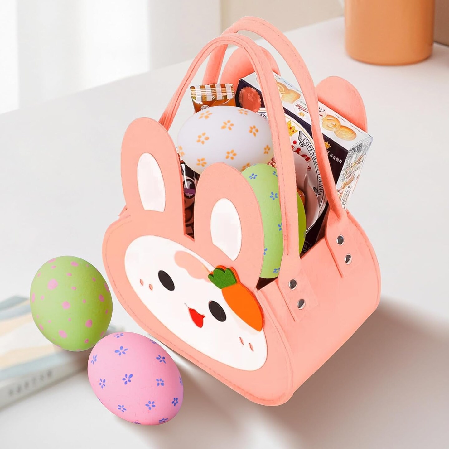 Easter Baskets Bunny Gift Bag: Pink Bunny Felt Baskets for Kids Empty with Handles