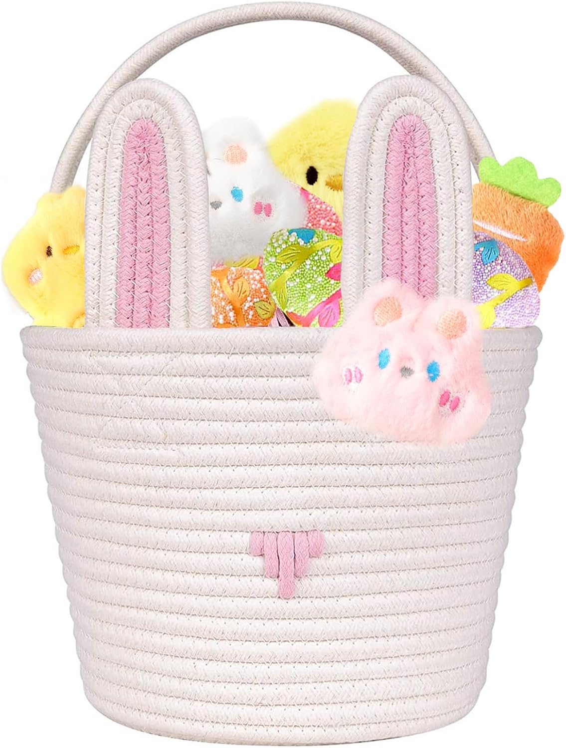 Easter Basket for Kids Easter Bunny Woven Basket with Rabbit Ears, Bunny Egg Hunting Bag with Cute Rabbit Chicken Carrot Plush Decorations for Girls Boys Spring Presents