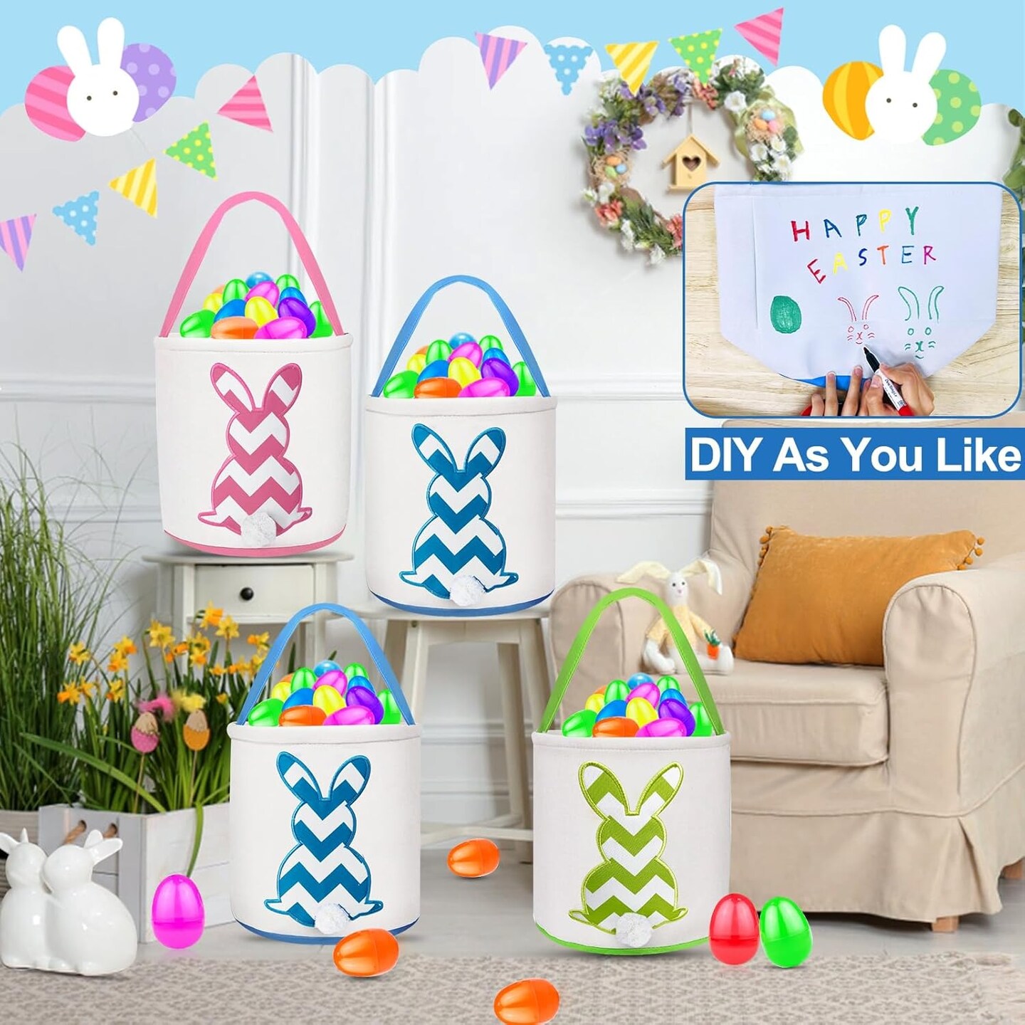 2 Pack Easter Eggs Baskets for Kids,Canvas Personalized Easter Bunny Baskets Bucket Tote Gifts Bags with Rabbit Tail for Girls Boys Easter Eggs Hunt Easter Party Favors Decorations Toy