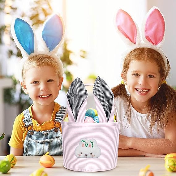 Personalized Easter Basket for Boys Girls, Seersucker Egg Hunt Bunny Baskets for Kids