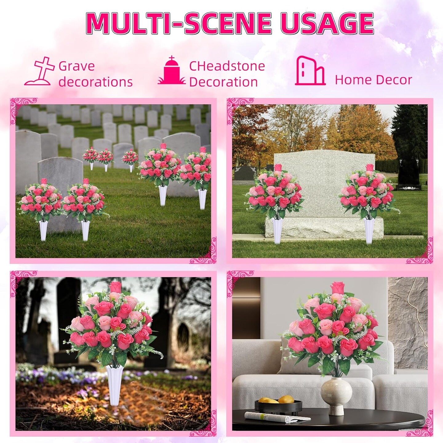 Set of 2 Artificial Cemetery Flowers, Grave Memorial Flowers with Vase, Outdoor Grave Decorations Roses for Cemetery Headstones Decoration (Pink)