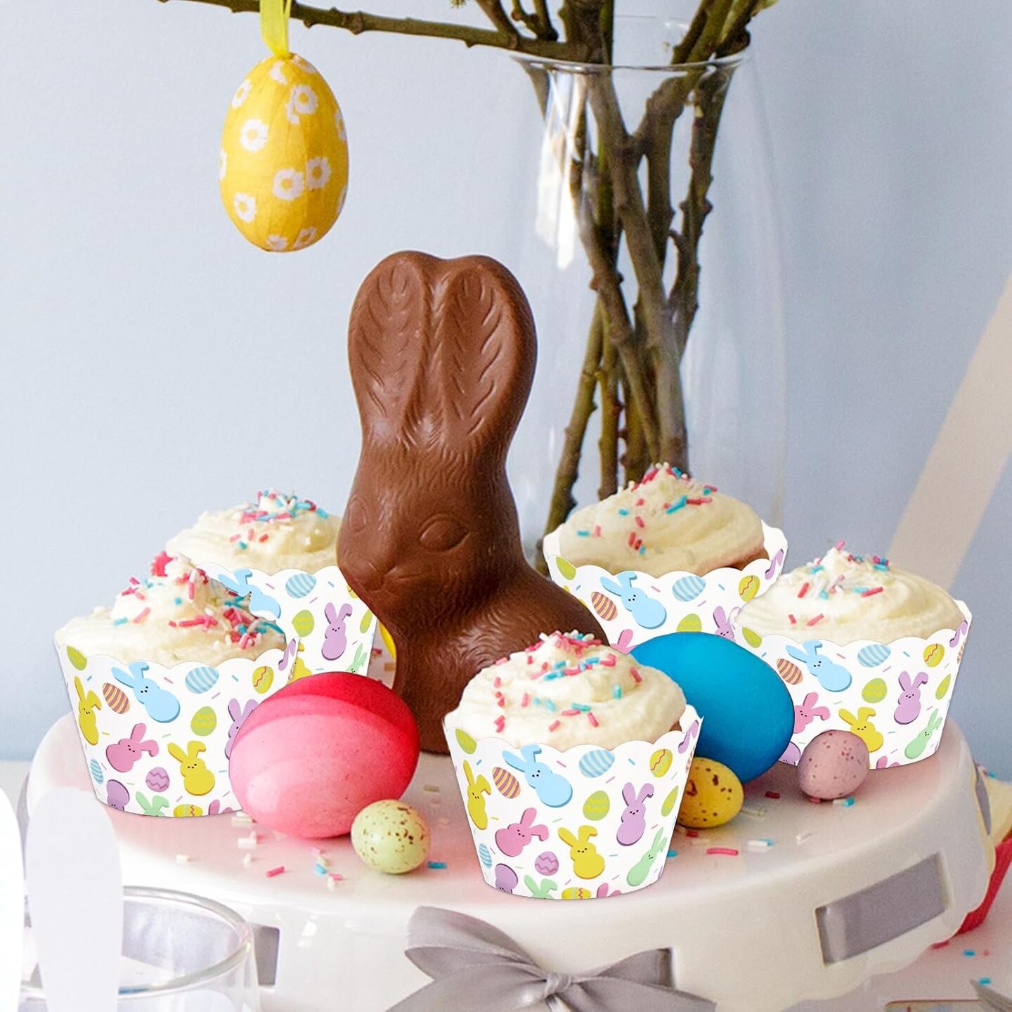 100Pcs Easter Paper Baking Cups Easter Egg Bunny Cupcake Wrappers Scalloped Edge Cupcake Muffin Cases for Easter Spring Birthday Party