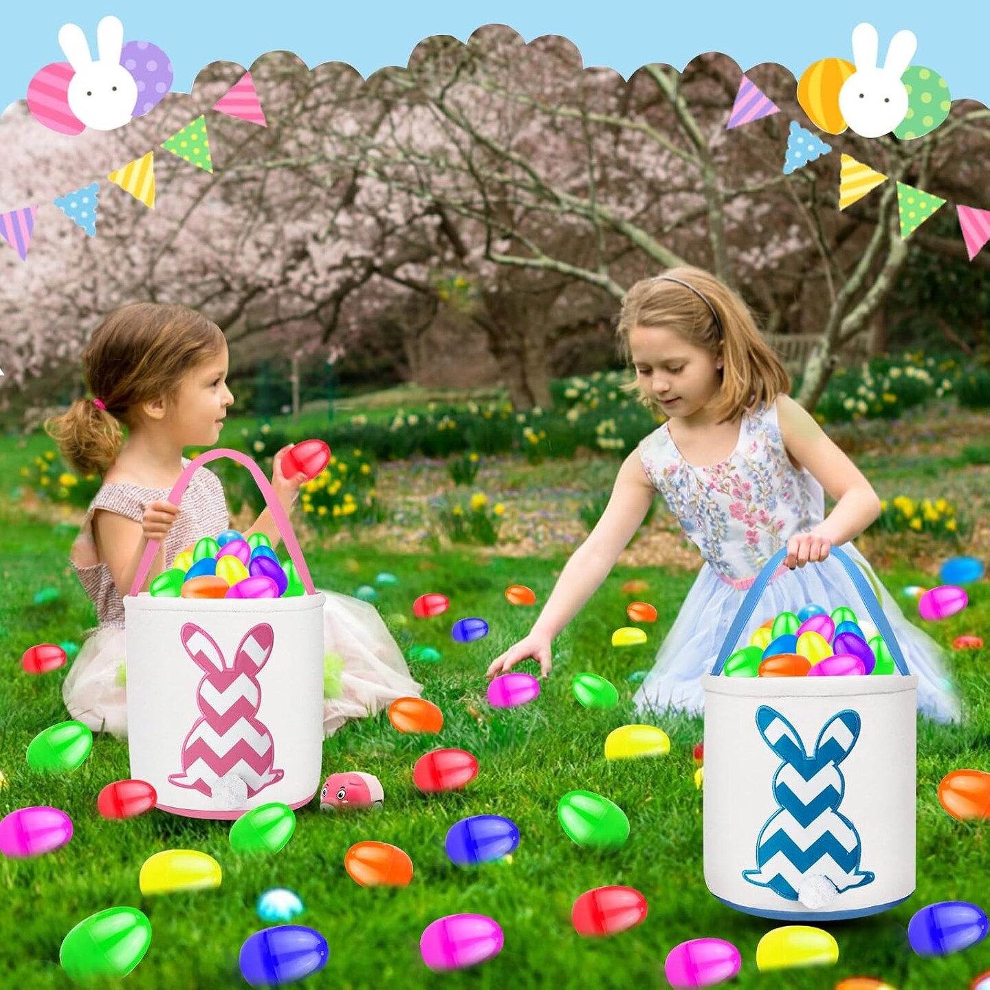 2 Pack Easter Eggs Baskets for Kids,Canvas Personalized Easter Bunny Baskets Bucket Tote Gifts Bags with Rabbit Tail for Girls Boys Easter Eggs Hunt Easter Party Favors Decorations Toy