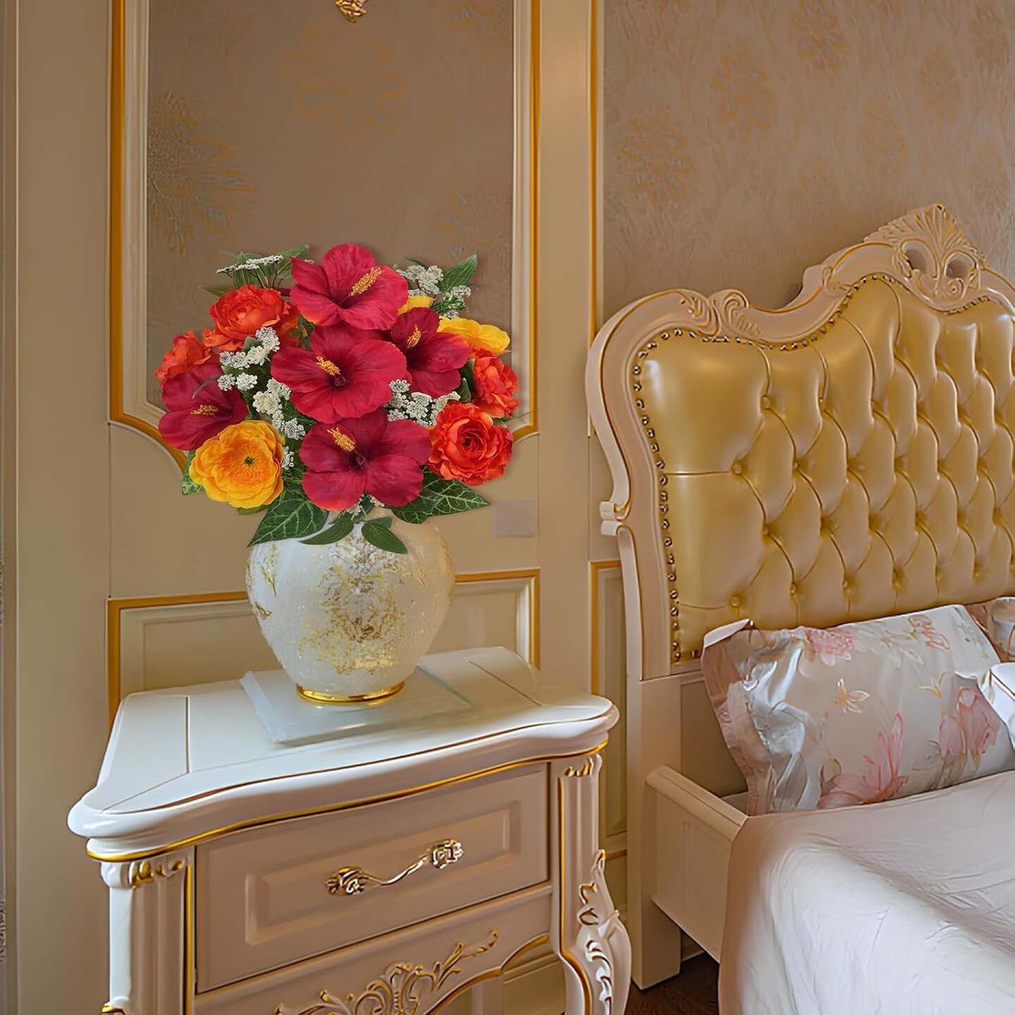 2pcs Silk Flowers with Stems- Artificial Hibiscus Mixed Fake Red Rose and Babys Breath; 24 Branches Faux Floral Sympathy Flowers for Cemetery Grave; Spring Decor for Wedding Home Centerpiece Vase