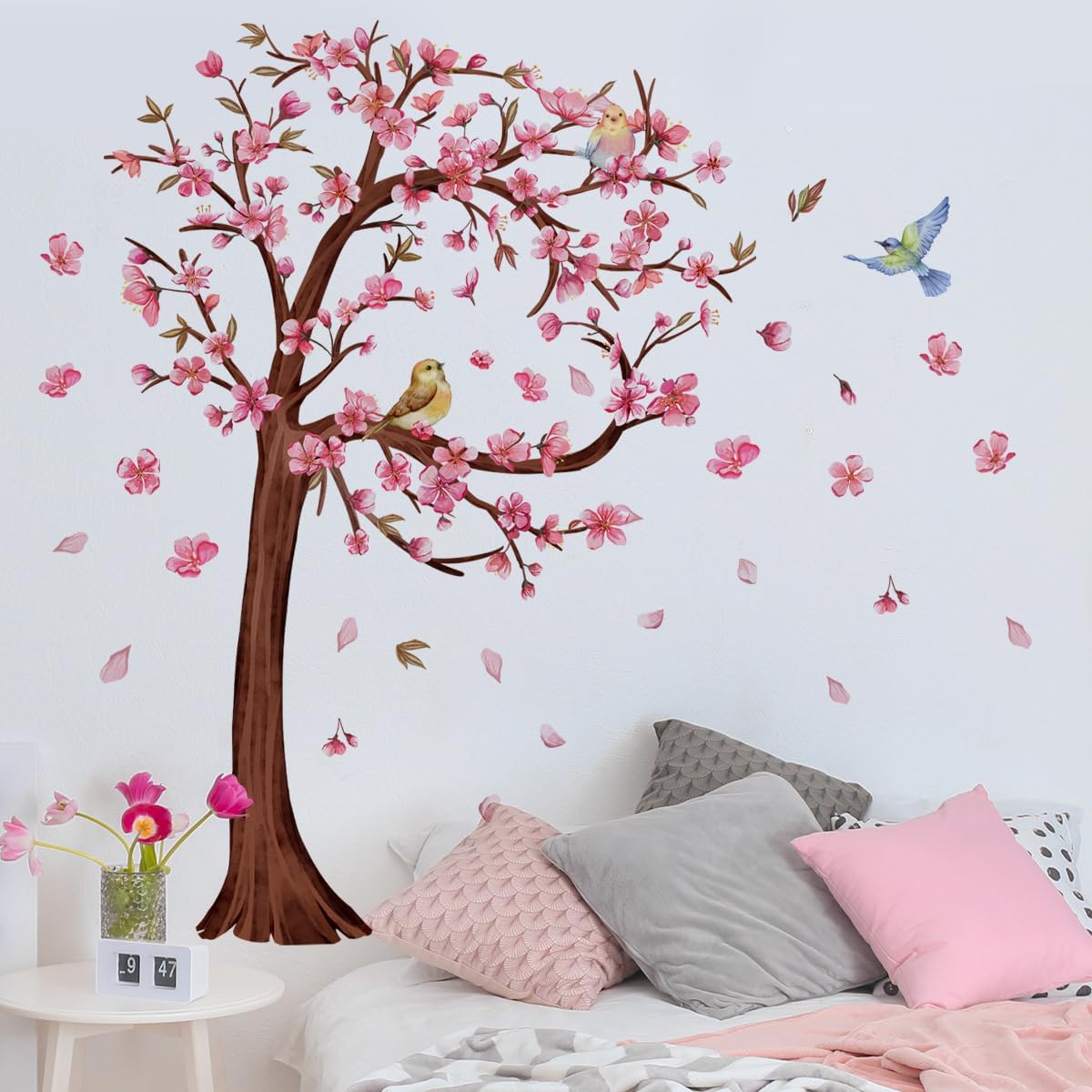 Pink Floral Wall Stickers, Love Tree Wall Stickers, Bird Decoration Stickers, Peeling and pasting, Suitable for Living Rooms, bedrooms, and bathrooms