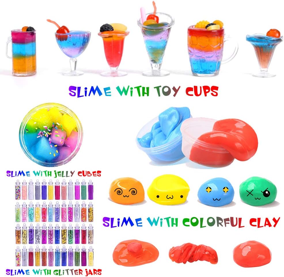 Slime Supplies Kit, 135 Pack Slime Making Kit 30 Crystal Slime, Glitter Jars, Charms, Sugar Paper, Foam Beads, Fishbowl Beads, Toy Cups, Slices, Air Dry Clay and Tools for Kids Girls