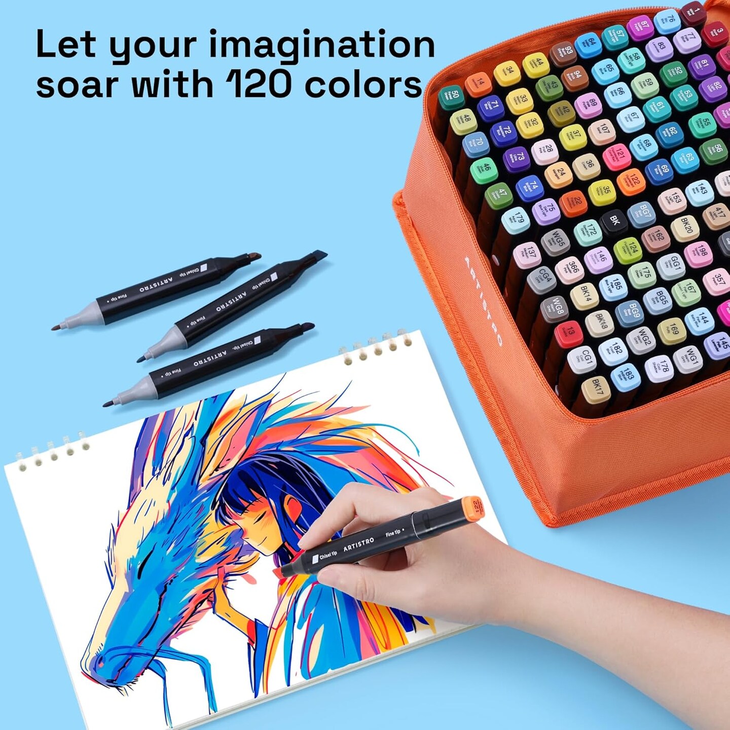 120 Dual-Tip Alcohol Markers - Alcohol-Based Pens Set, Chisel + Fine Tip, Quick Dry, Carrying Case Included