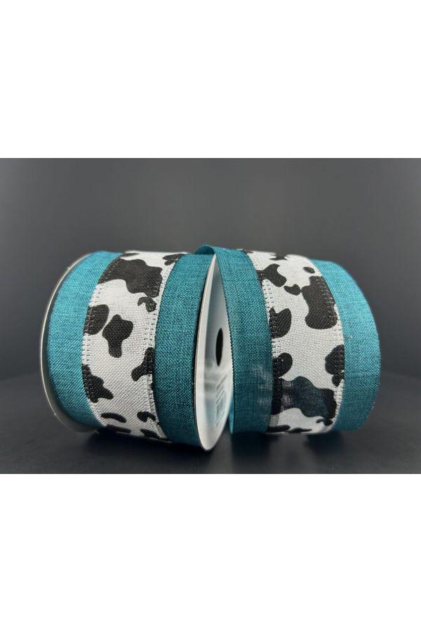 2.5&#x22; Black Linen Cow Print Ribbon: Teal (10 Yards)