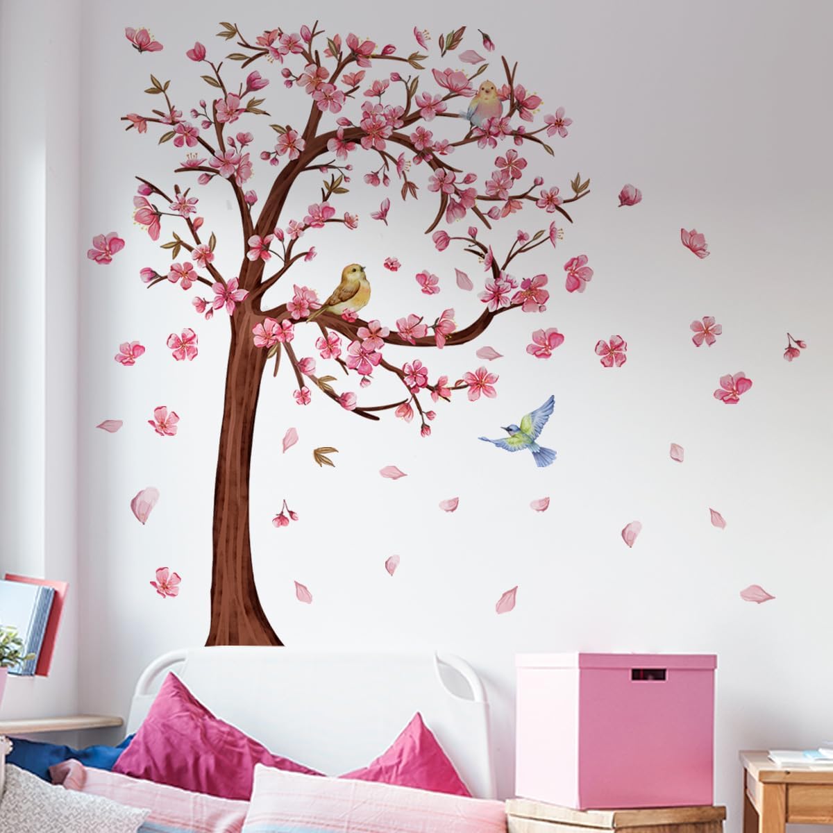 Pink Floral Wall Stickers, Love Tree Wall Stickers, Bird Decoration Stickers, Peeling and pasting, Suitable for Living Rooms, bedrooms, and bathrooms