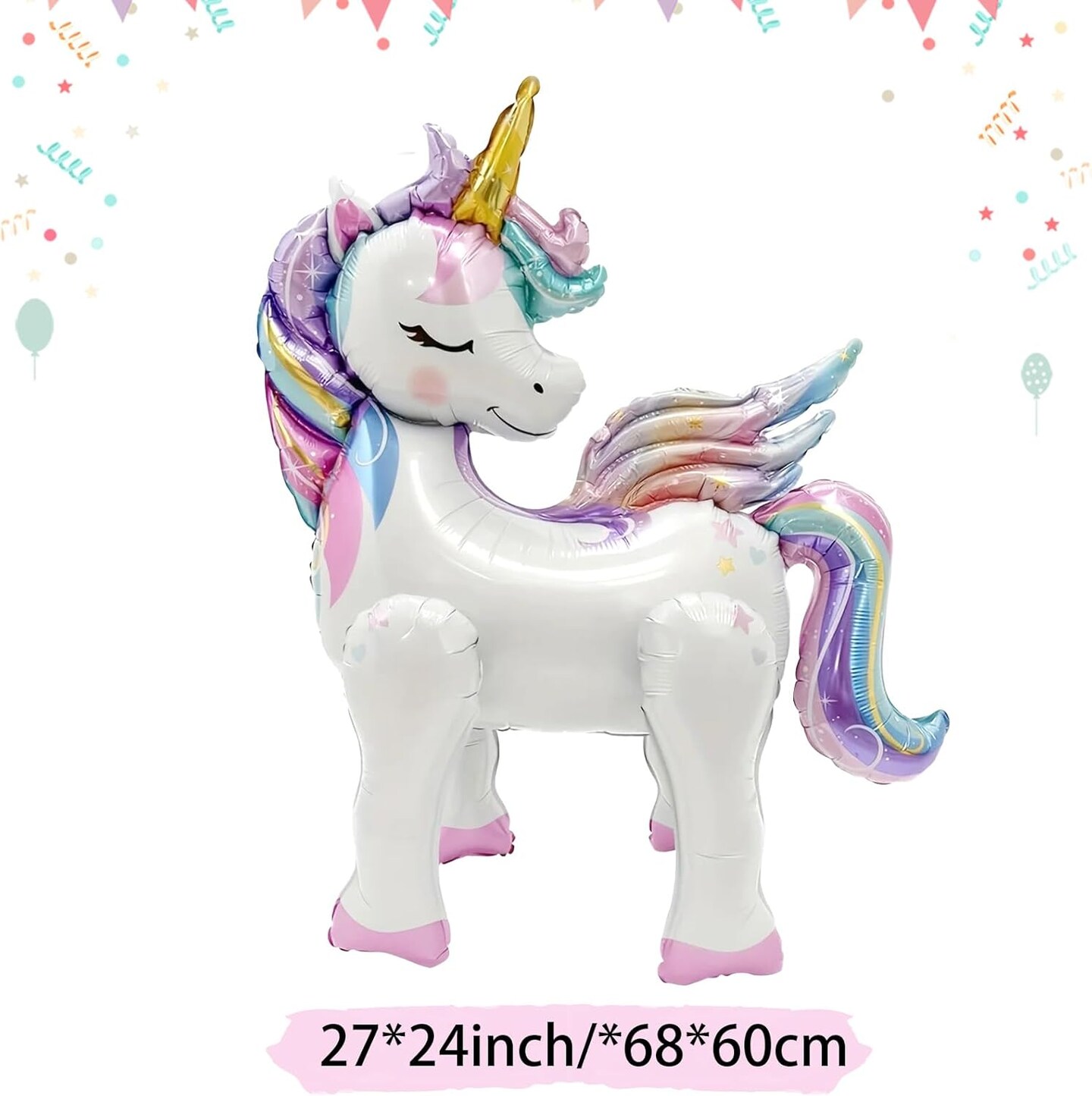 16 Pcs Unicorn Balloons Kit for Birthday Party Decorations - 2 Self Standing 3D Foil Unicorns, 4 Star Balloons &#x26; 10 Printed Latex Balloons with Tying Tool (No Helium Needed)