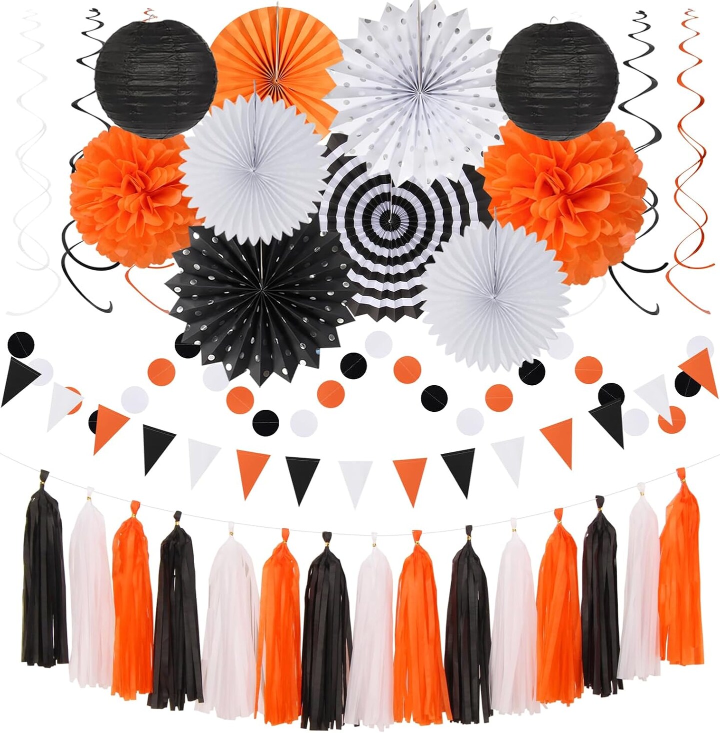 Black White Orange Halloween Party-Decorations - 33pcs Birthday Banner,Streamers Tassel Garland,Paper Lantern Fans,Tissue Pom Poms,Bachelorette Baby Bridal Shower Graduations Backdrop Decor
