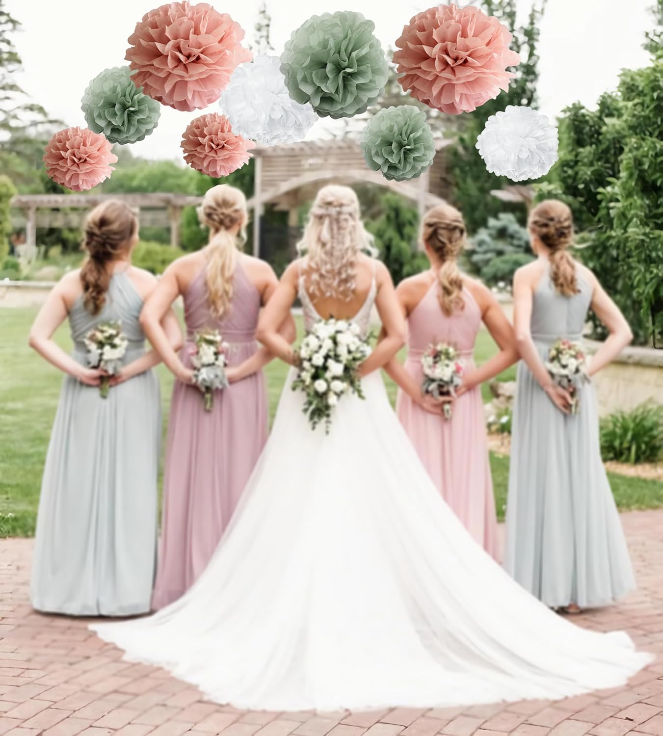 Sage Green Dusty Pink Boho Tissue Pom Poms Pastel Paper Flowers Backdrop for Baby Shower Wedding Bridal Shower Birthday Nursery Wall Hanging D&#xE9;cor, Large 12&#x22; &#x26;10&#x22; Pom Pom Decorations