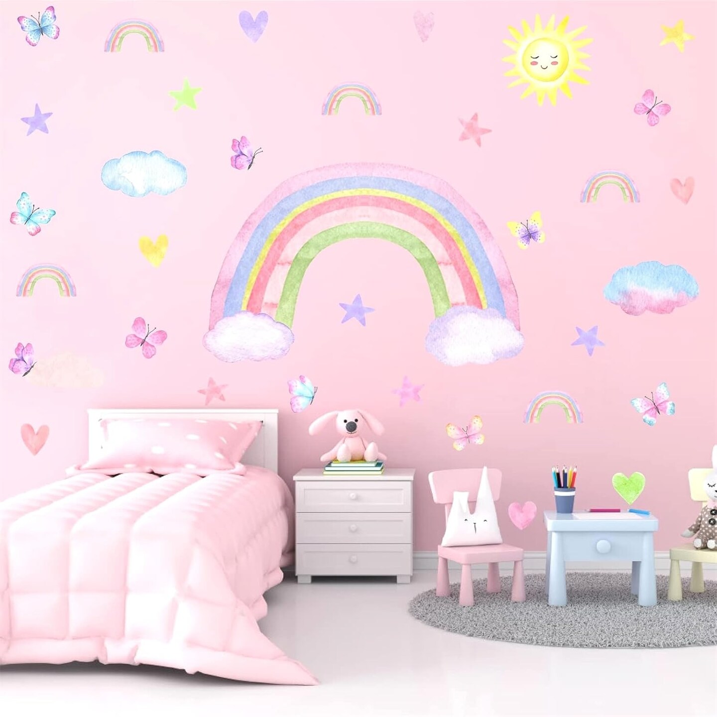 Colorful Rainbow Wall Decals – Watercolor Sun, Clouds, Stars & Butterflies for Girls’ Bedroom & Nursery, 12"x10"