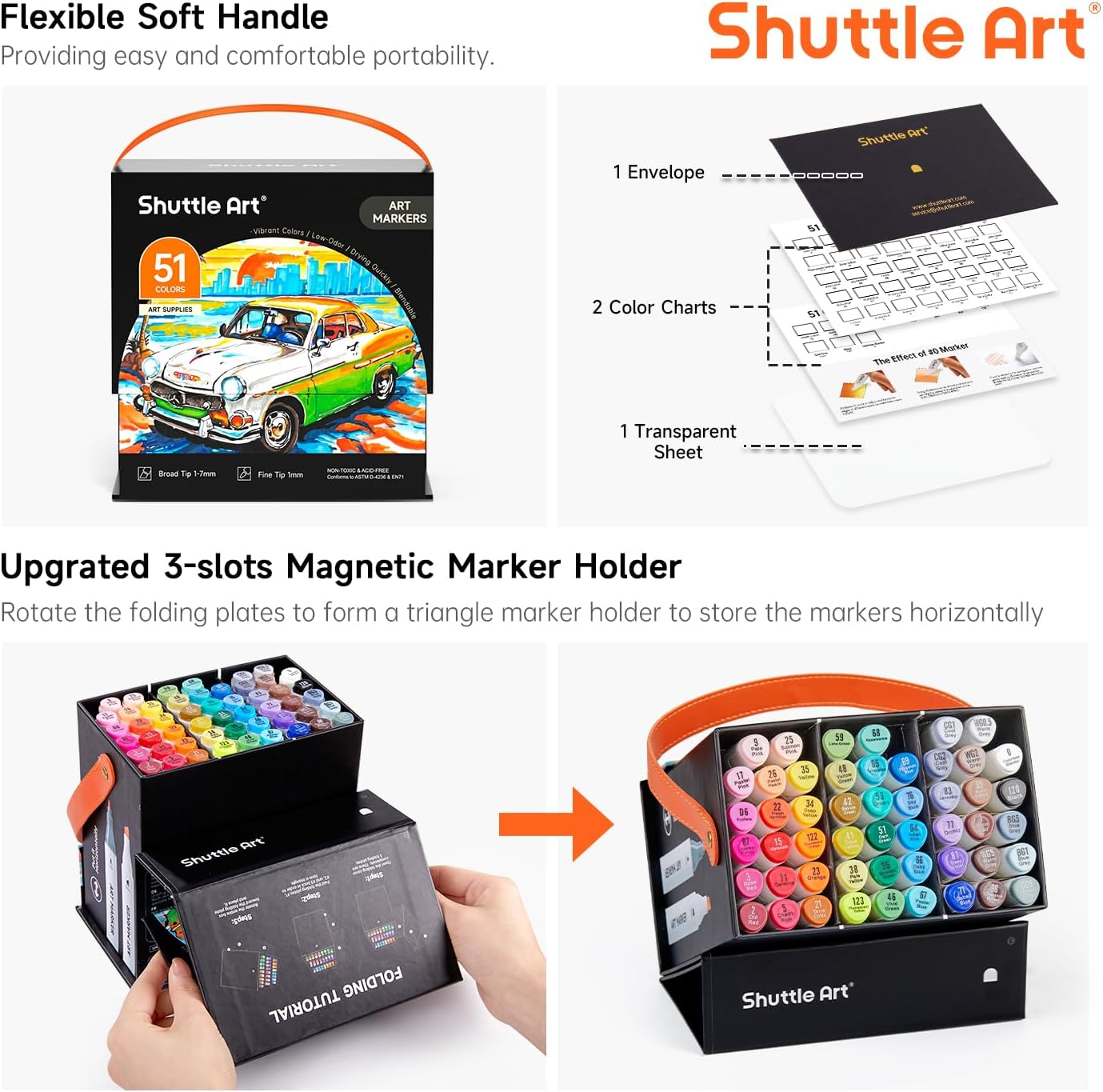 Art 51 Colors Dual Tip Alcohol Based Art Markers, 50 Colors plus 1 Blender Permanent Marker Pens Highlighters with Case Perfect for Illustration Adult Coloring Sketching and Card Making