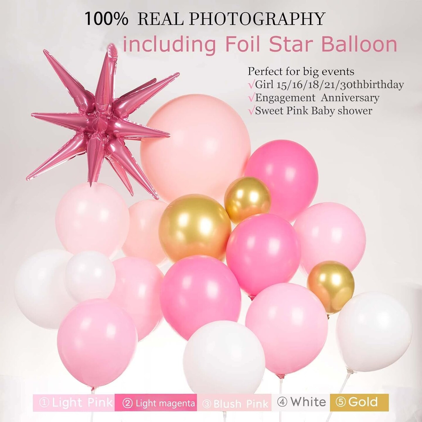 Pink Gold Balloon garland kit 135Pcs Pastel Pink and Gold white balloons for Girl baby shower women Sweet 16/21th Birthday Mother&#x27;s Day Party Princess theme Decorations
