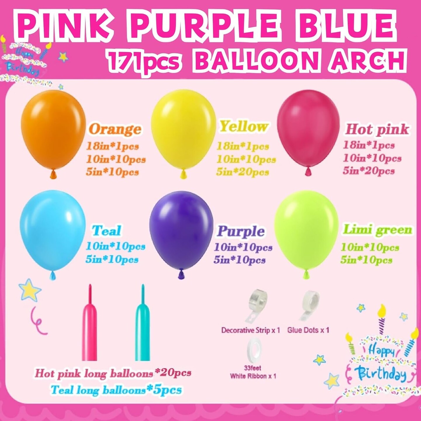 166pcs Magic Balloon Garland Arch Kit, Hot Pink Purple Green Party Decorations with Orange Yellow Pink Purple Green Teal Latex Balloons for Trol Themed Birthday Party Baby Shower Wedding Decorations
