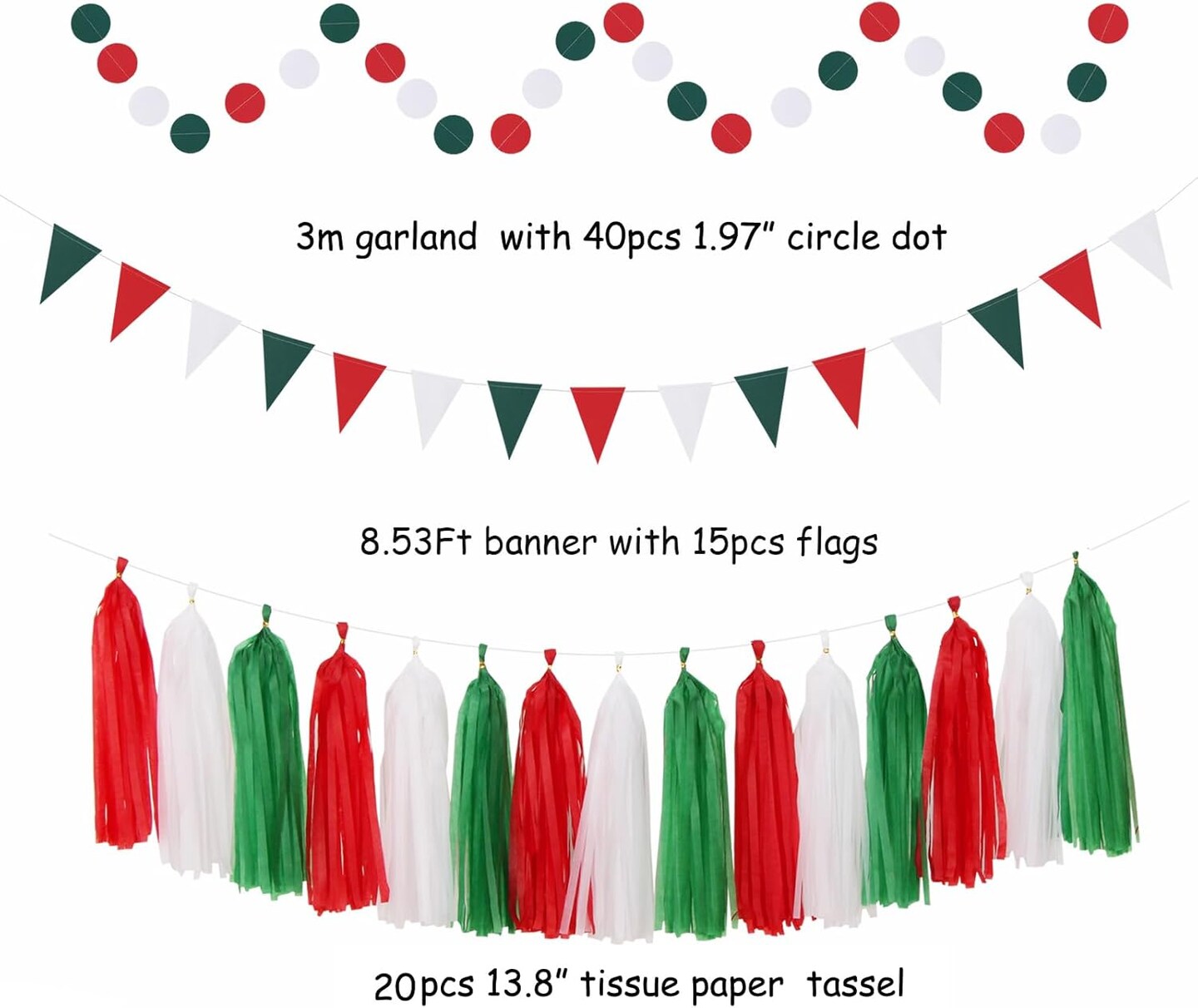 Red-Green White Christmas Party-Decorations - 33pcs Banner,Mexico Italy Streamers Tassel Garland,Tissue Pom Poms Honeycomb,Paper Lantern Fans,Mexican Italian Birthday Wedding Baby Shower Decor