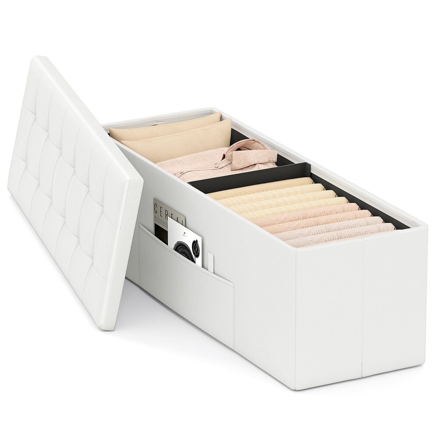 43-Inch PU Leather Foldable Storage Ottoman Bench with 38 Gallon Capacity and Removable Divider
