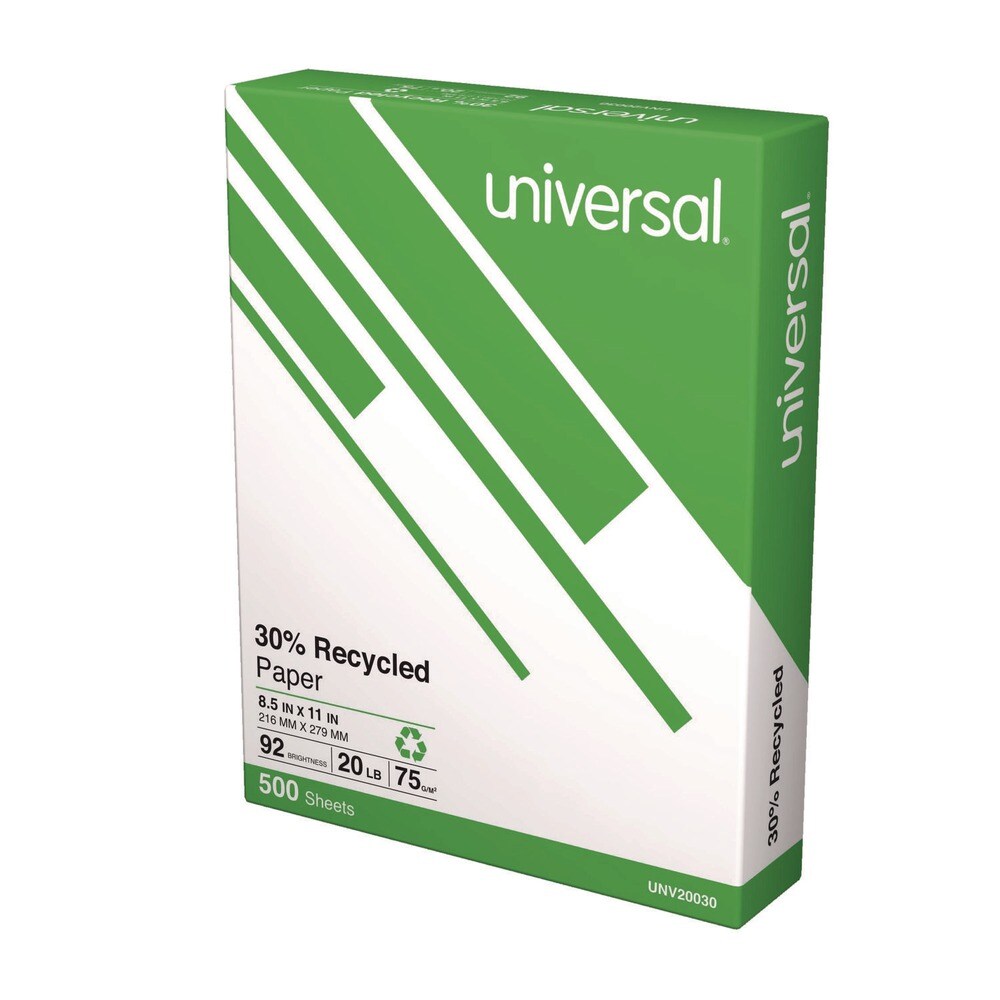 Universal 20 lbs. Bond Weight 92 Bright 8.5 in. x 11 in. 30% Recycled Copy Paper - White (500 Sheets/Ream, 10 Reams/Carton)