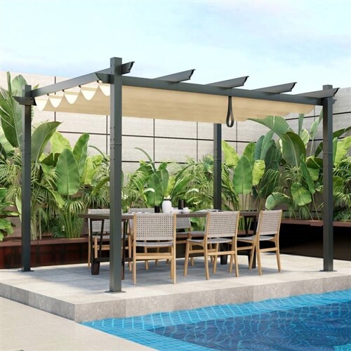 Modern 10x12 Ft Outdoor Pergola Gazebo with Retractable Beige Canopy and Aluminum Frame