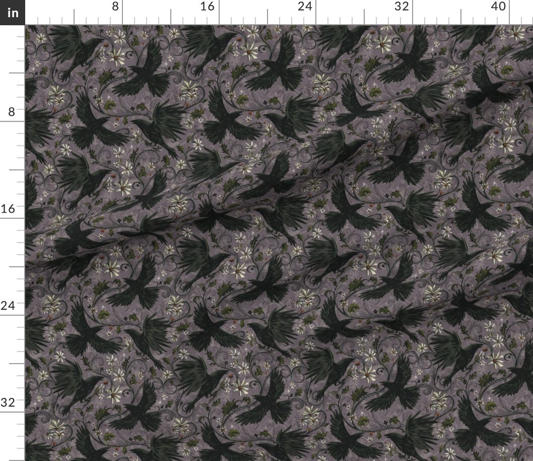 Various Fabrics by the Yard or Fat Quarter Gray Ravens Gothic Autumn Floral Halloween Bohemian Magic Dark Moody Corvid Custom Printed Fabric by Spoonflower