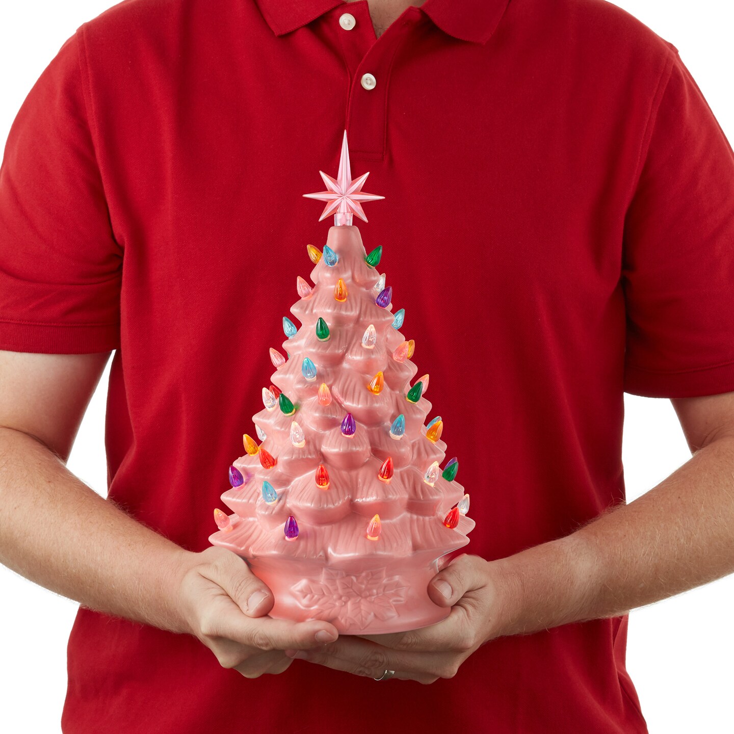 Casafield Hand Painted Ceramic Christmas Tree, Pink 15-Inch Pre-Lit Tree with 128 Multi Color Lights and 2 Star Toppers