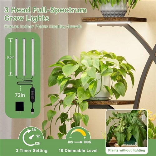 62-Inch Tall Tree-Shaped Indoor Plant Stand with 3-Head Full-Spectrum Grow Lights 8-Tier Corner Display Shelf
