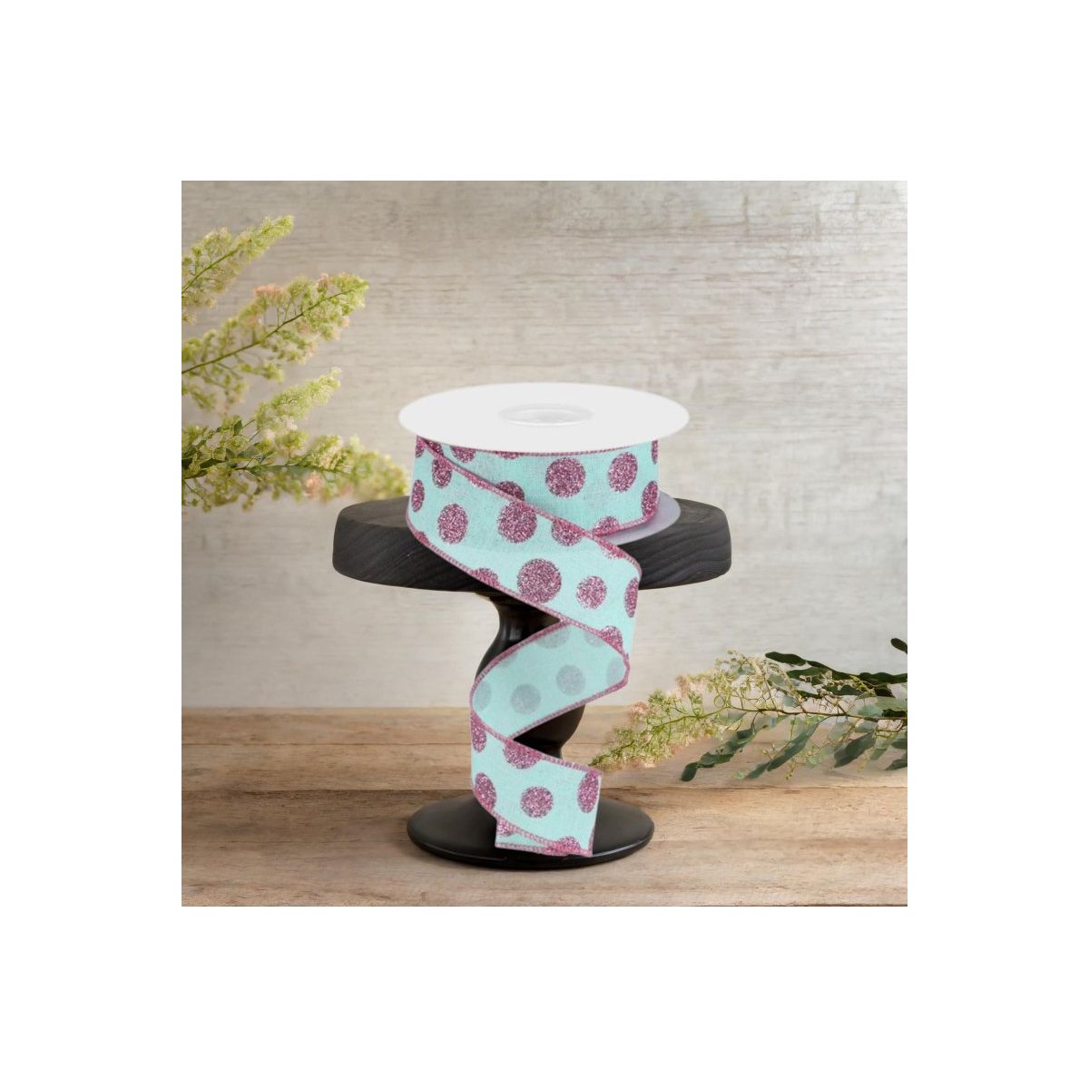 1.5&#x22; Glitter Polka Dot Ribbon: Mint Green (10 Yards)