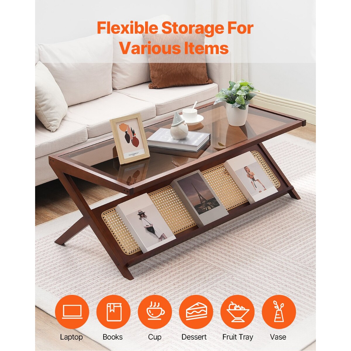 47-Inch Z-Shaped Rattan Woven Coffee End Table with Removable Glass Top Suitable for Any Small Space