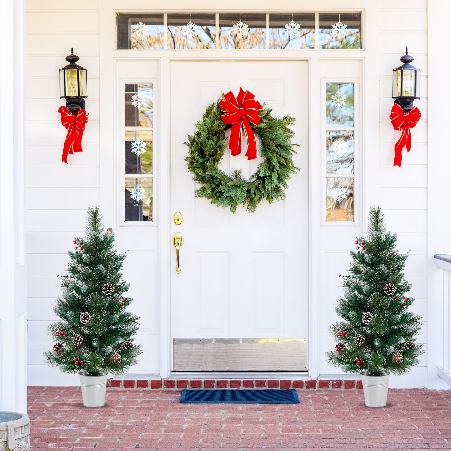 Green-White PVC Tabletop Mini Christmas Tree with LED Lights, Berries and Pine Cones