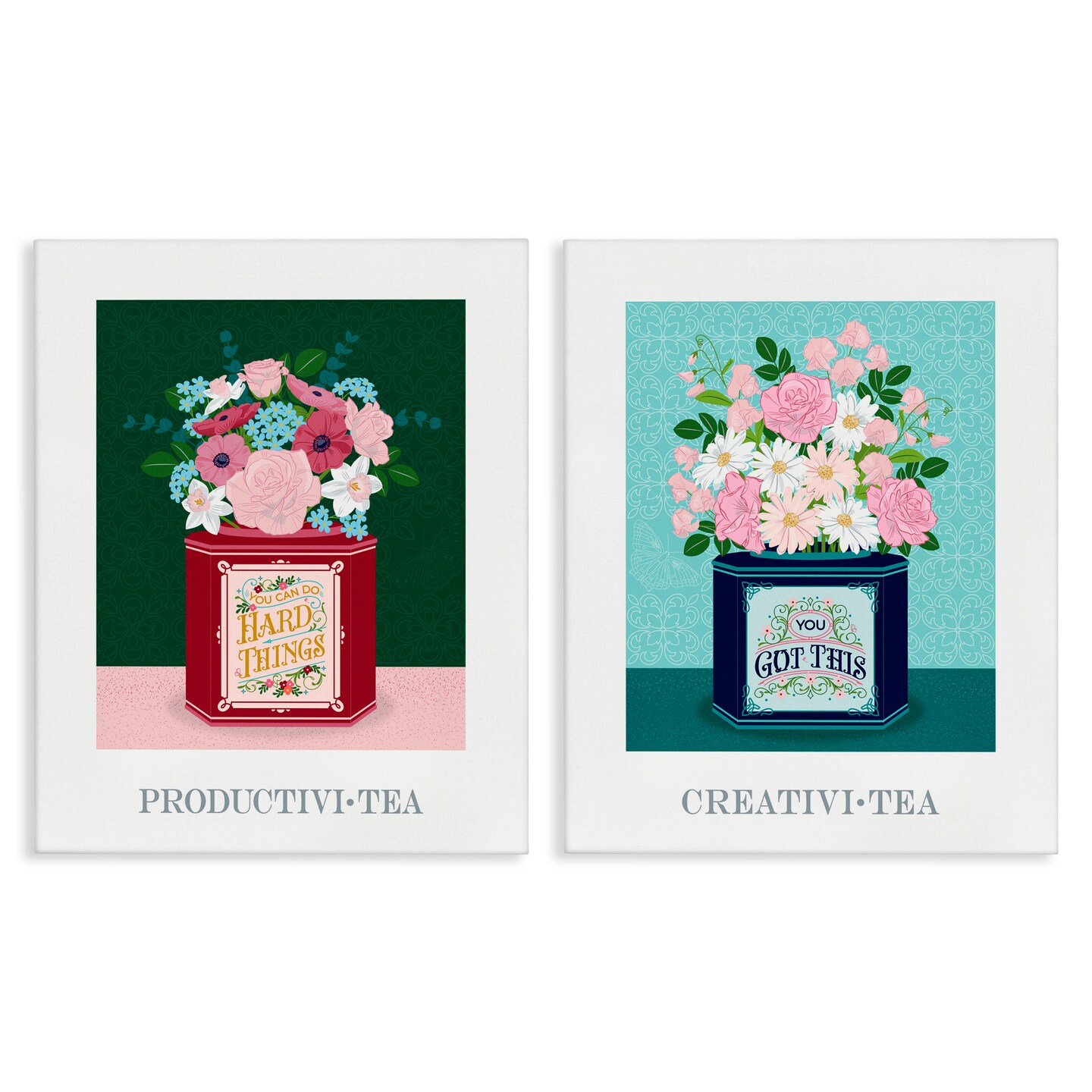 Stupell Industries Motivational Floral Tea Tins 2 Piece Canvas Wall Art Set, design by Lara Beeston