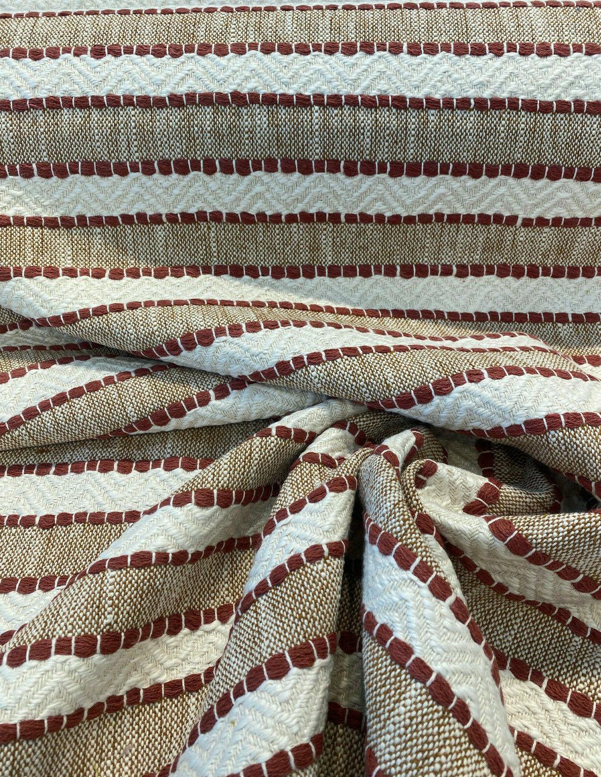 1 Yard Handwoven Stripe Upholstery Fabric in Cinnabar Rust Red and Beige 54 inch Width