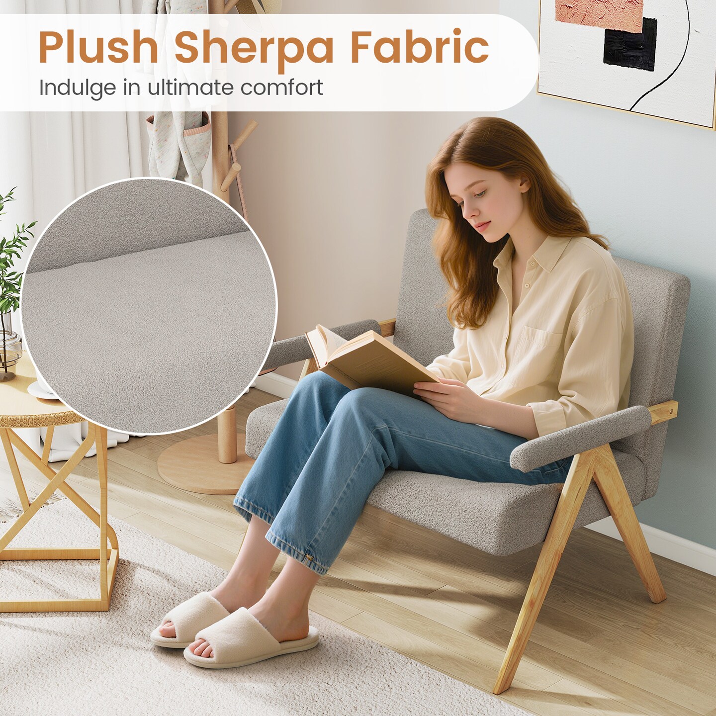 Plush Sherpa Loveseat Sofa with High-Density Cushion and Rubber Wood Legs for Home Decor