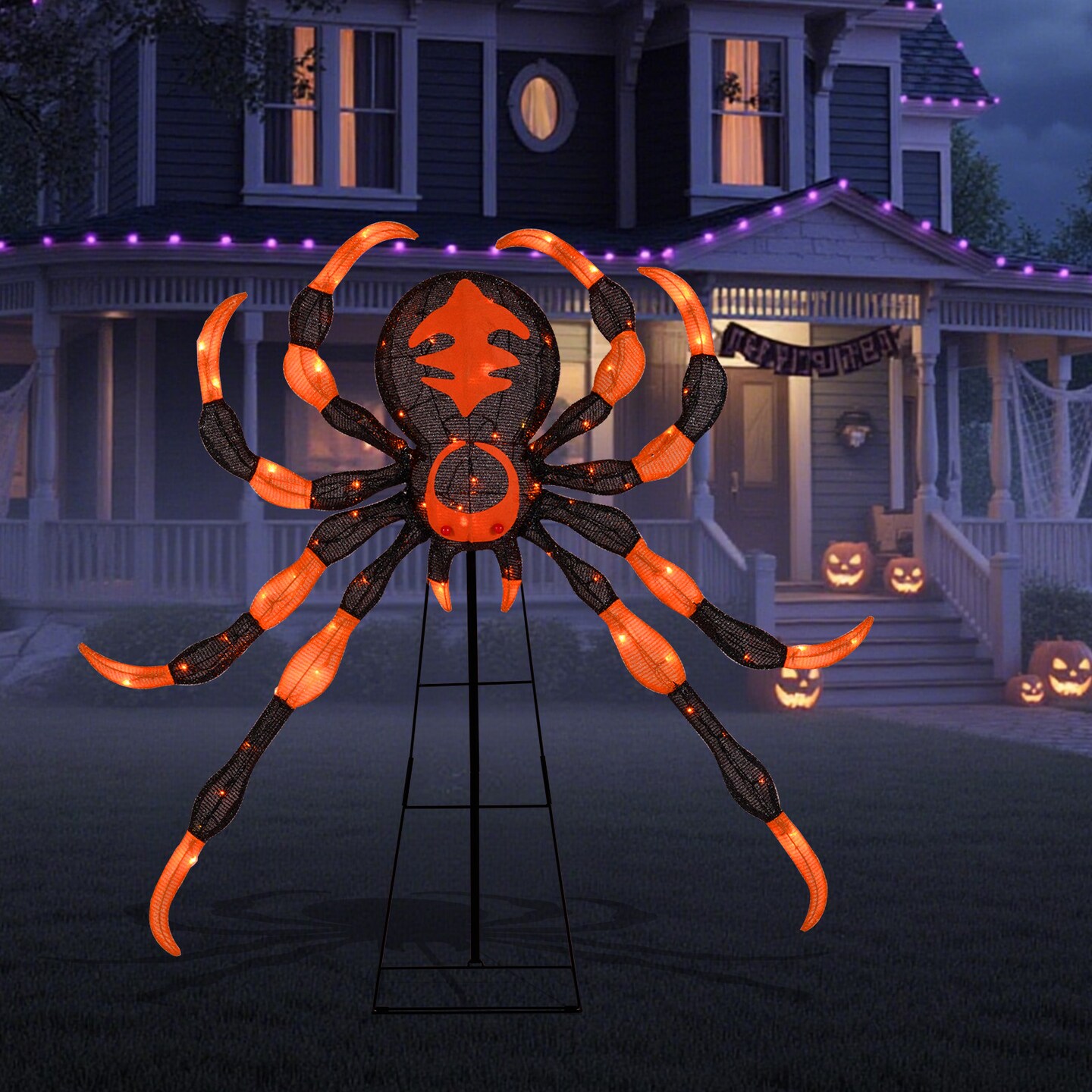 Orange-Black LED Metal Fabric Spider with Flickering Lights &#x2013; 52 inches Halloween Decor