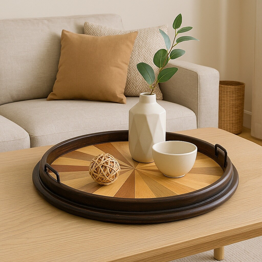 Round Wooden Serving Tray with Sunburst Inlay – 23.5" Decorative Tray with Black Rim & Handles