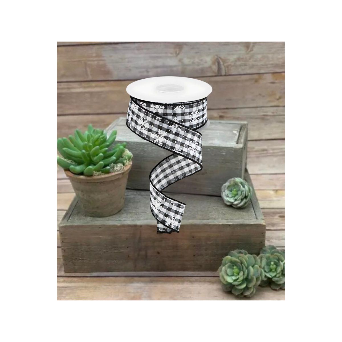 1.5&#x22; Mini Snowflake on Gingham Ribbon: Black  (10 Yards)