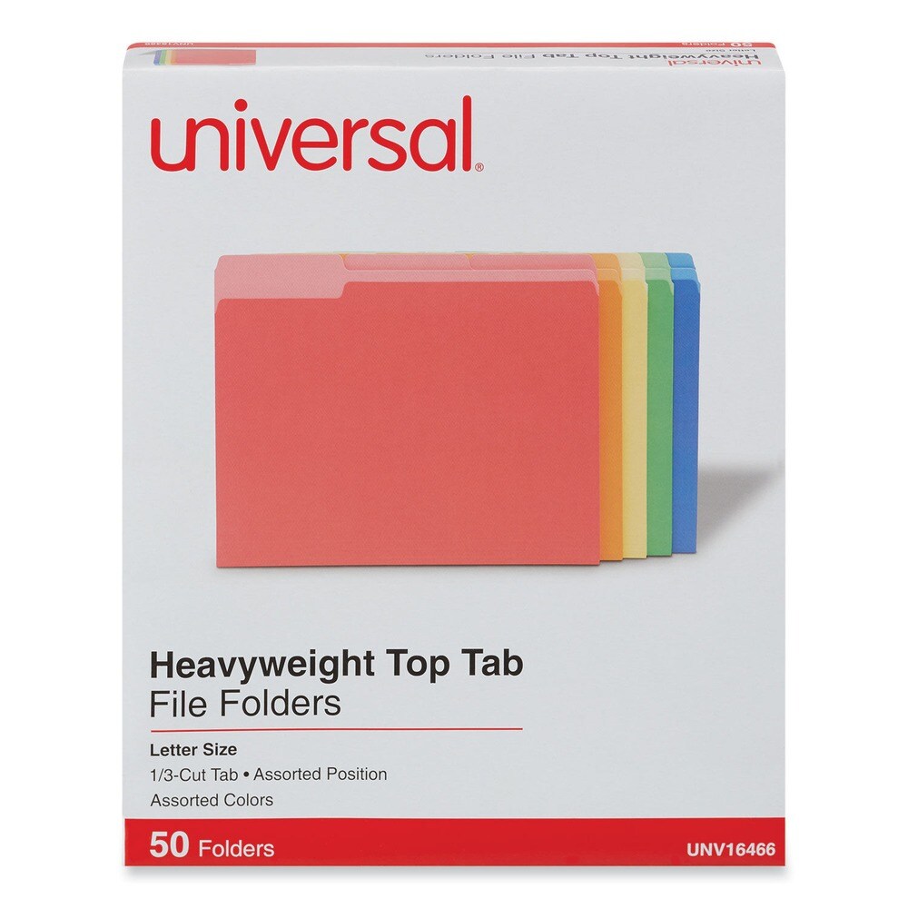 Universal Deluxe Heavyweight 1/3-Cut Tab Assorted File Folders - Letter Size, Assorted Colors (50/Pack)