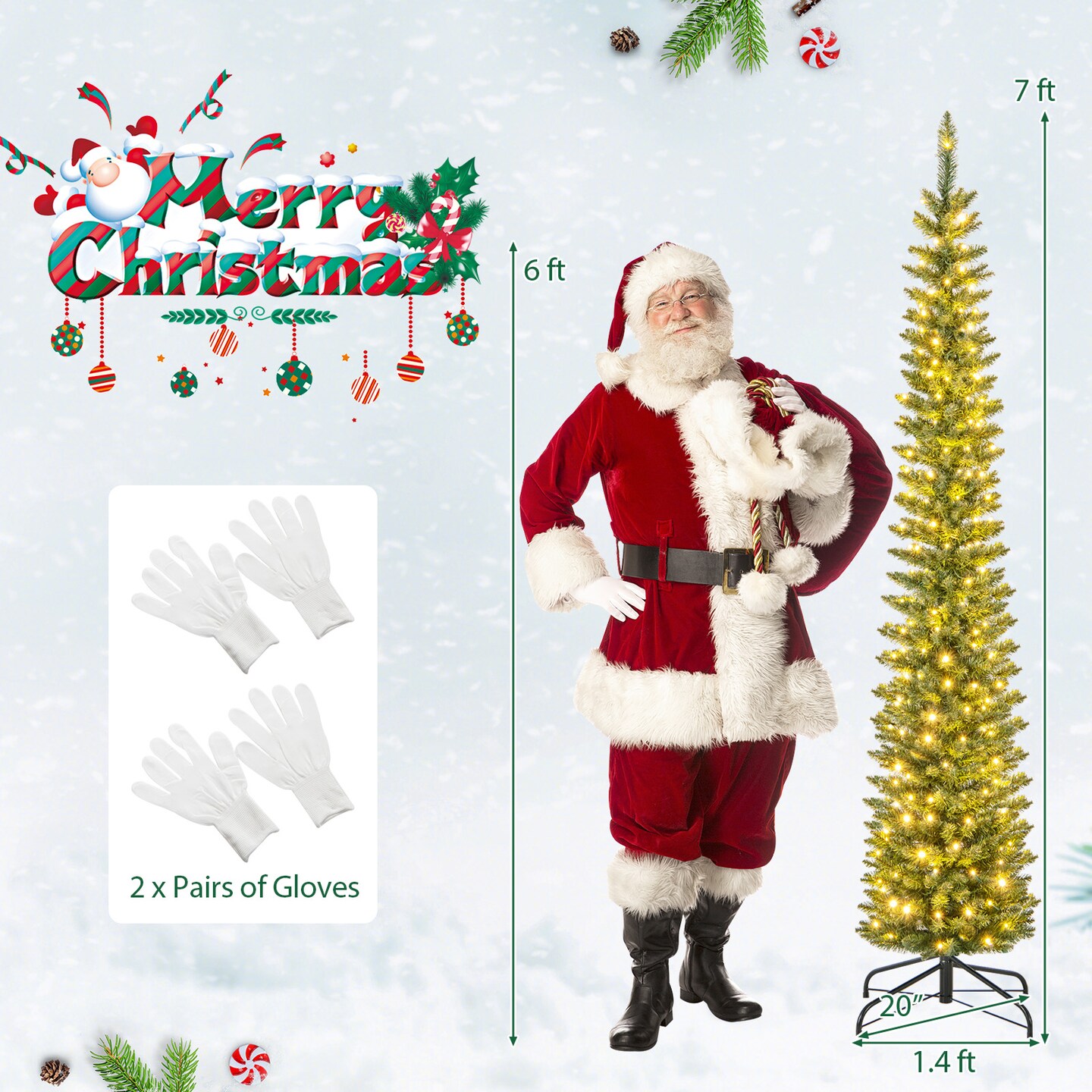 Green PVC Metal Slim Pencil Christmas Tree with LED Lights