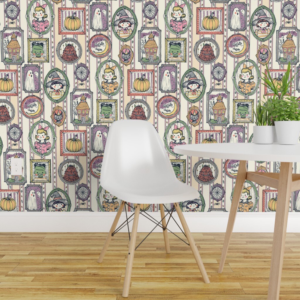Peel &#x26; Stick Wallpaper 2FT Wide Whimsical Halloween Retro Ghost Monster Witch Pumpkin Haunted House Fall Autumn Portrait Halloween Party Costume Trick Or Treat Retro Halloween Custom Removable Wallpaper by Spoonflower